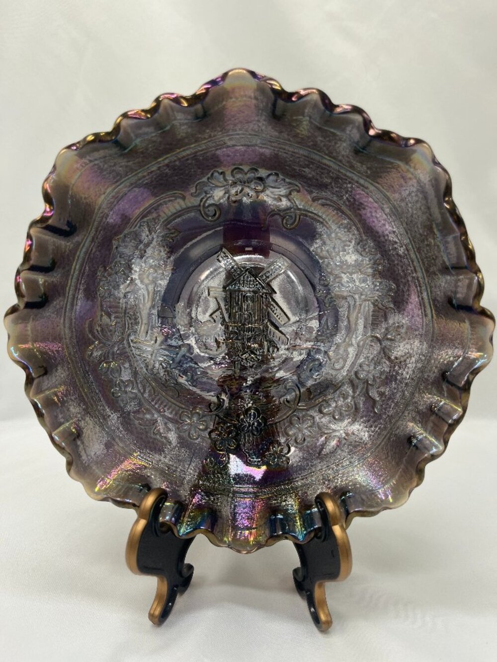 Antique Imperial Glass Company Windmill Pattern Ruffled Carnival Glass Bowl